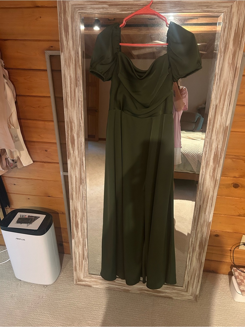 Olive Square Neck Puff-Sleeve Maxi Dress